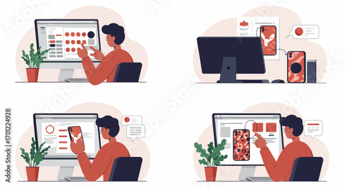 Digital Productivity and Seamless Connectivity: Illustrations of individuals managing tasks, communicating, and integrating mobile and desktop devices for modern online work.