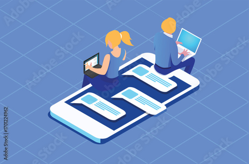 Isometric customer service Illustration in Blue Isolated Background With People and Digital Related Asset