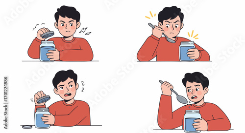 Effort and Disappointment: Man struggling to open a jar, realizing it's empty.