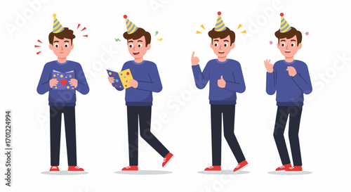 Happy young man in a party hat celebrates a birthday, receiving gifts and showing positive emotions with thumbs up and excitement.