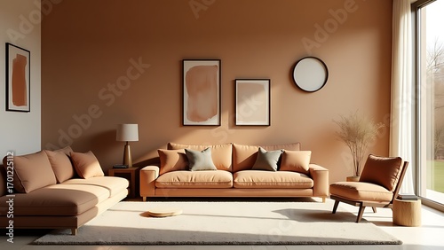 Cozy and contemporary living room with earthy tones, featuring a spacious sectional sofa, modern artwork, and ample natural light for a serene home environment