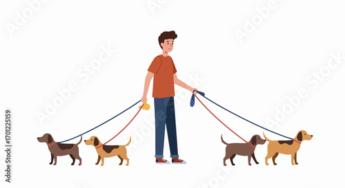 Young man walking four dogs on leashes, showcasing pet care, responsibility, and the joys of multiple canine companions.