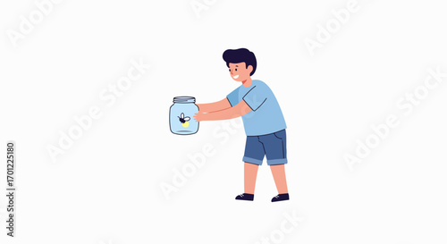Happy boy holding a jar with a glowing firefly inside, a nostalgic childhood memory illustration, perfect for summer themes.