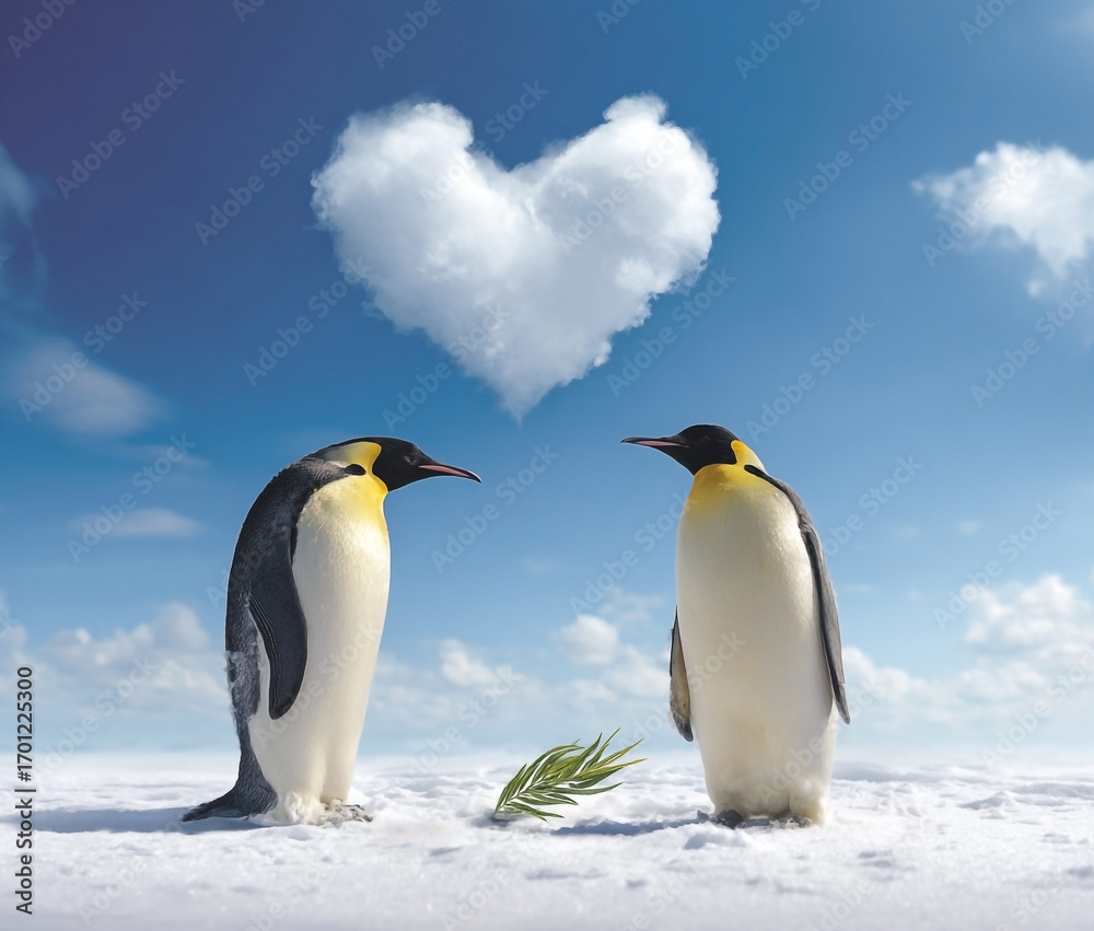 Fototapeta premium Penguin Pair Under a Heart-Shaped Cloud: An Antarctic Affectionate Encounter