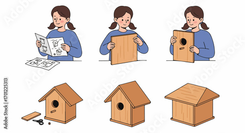 Young girl follows instructions to build a wooden birdhouse, a step-by-step DIY project showcasing creativity, learning, and home craftsmanship.
