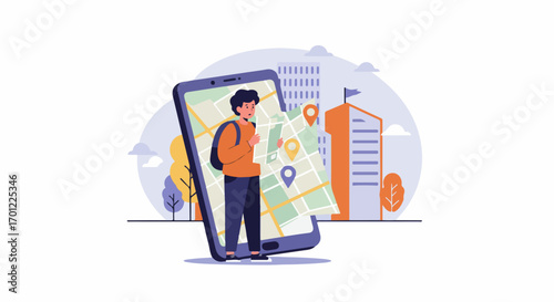 Young Man Navigating City with Mobile Map App: Digital Location Finding and Urban Exploration