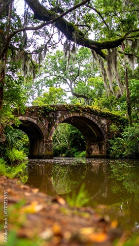 Moss-covered stone bridge spanning a tranquil waterway, lush green trees, and Spanish moss draped over branches