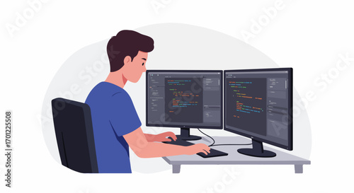 Young programmer working on code at dual monitor workstation. Dedicated software developer creating and debugging, focused on digital tasks and web development.