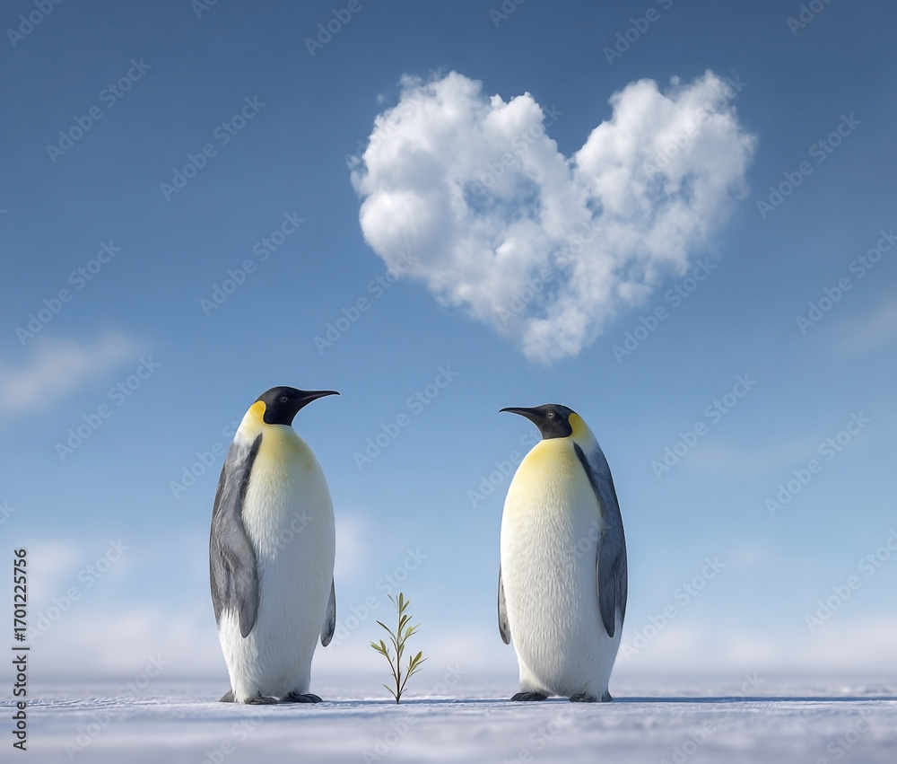 Fototapeta premium Penguin Affection: A Heartfelt Cloudscape Over Antarctic Ice With Budding Hope