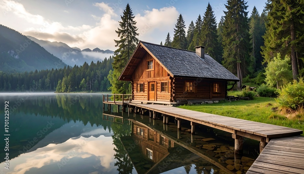Fototapeta premium A peaceful log cabin sits on a serene lake, nestled amongst lush green trees and mountains.