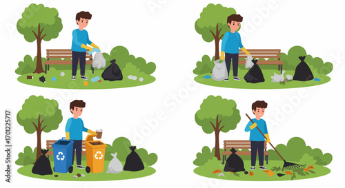 Young man actively cleans and maintains a park, engaging in litter collection, waste sorting, and leaf raking to promote a clean and sustainable environment.