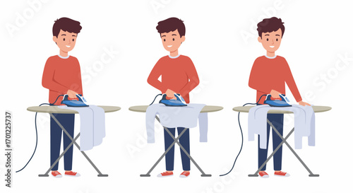 Young man ironing clothes on an ironing board, illustrating the steps of a domestic chore in a friendly, clean, and happy household setting.