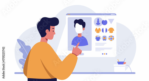 Man customizes his digital profile or avatar, choosing clothing and personalizing his online appearance on a computer screen, highlighting user interface interaction.