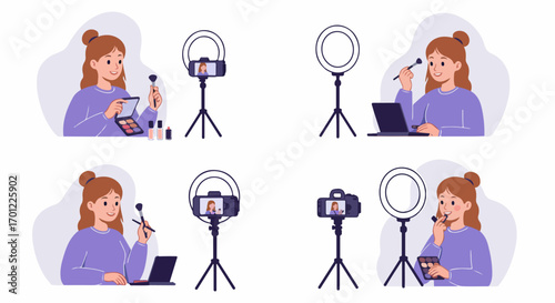 Young woman filming makeup tutorials and beauty content, using a ring light, camera, and cosmetics for her online channel or social media vlog.