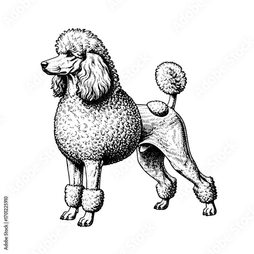 poodle, line art engraving, vector illustration, isolated on white transparent background