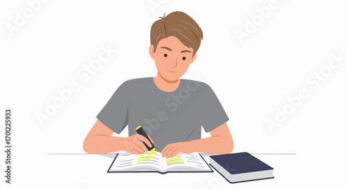 Young man highlighting text in an open book with a yellow marker, studying diligently. Education, learning, and academic research concept illustration.