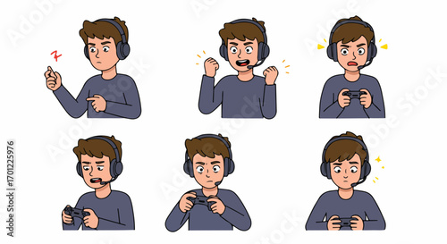 Young male gamer in a headset displaying a range of emotions: frustration, excitement, surprise, and focus while playing video games, cartoon illustration set.