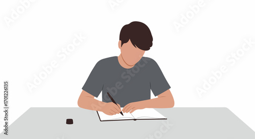 Minimalist illustration of a young person writing in a notebook at a desk, ideal for concepts of study, education, learning, or personal development.