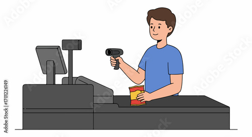 Friendly Male Cashier Scanning Product at Checkout Counter in a Retail Store, Cartoon Illustration.