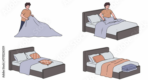 Step-by-step illustration of a man making a bed, demonstrating the process of tidying and organizing bedroom linens for a neat home.