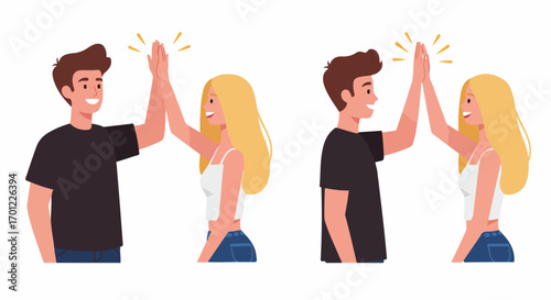 Happy Man and Woman Giving High Five, Representing Friendship, Success, Teamwork, and Positive Greeting in a Flat Illustration Style.