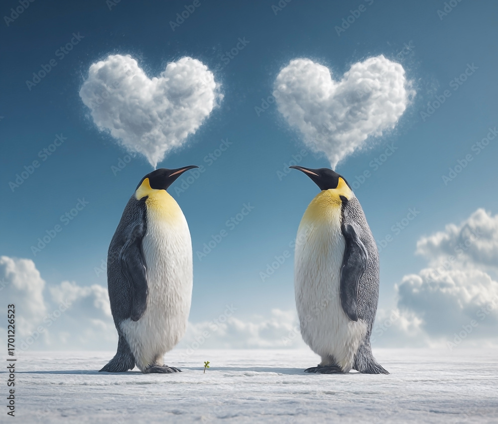Fototapeta premium Emperor penguins expressing affection with heart-shaped cloud formations over arctic landscape