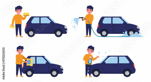 Man Washing Car Illustration Steps: Soaping, Rinsing, Drying, and Polishing for a Clean Vehicle