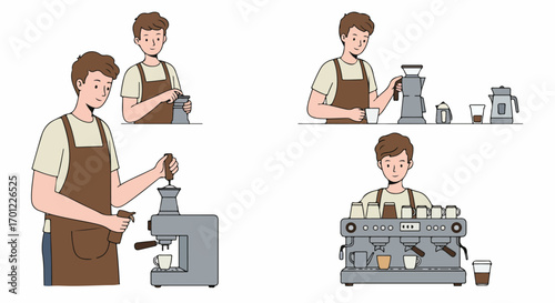 Illustrations of a friendly male barista preparing various coffee drinks using different brewing methods and equipment in a coffee shop setting.