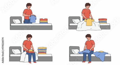 Illustration series of a man diligently folding laundry on a bed, demonstrating the process of organizing clean clothes neatly for home or wardrobe management.