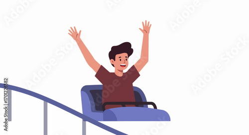 Excited young man enjoying a thrilling roller coaster ride at an amusement park, hands up in the air.