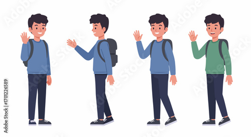 Friendly Male Student Character with Backpack Posing and Waving, Ready for School or Travel