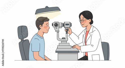 Eye doctor performing an eye exam on a male patient using a slit lamp. Optometrist checking vision and eye health in a clinic setting.