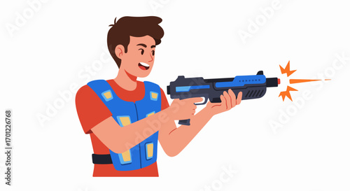 Happy young man playing laser tag, aiming with his futuristic weapon and wearing a blue vest, enjoying the exciting game.