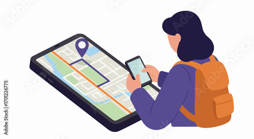 Traveler with backpack uses smartphone for map navigation and route planning, exploring destinations with mobile app guidance.