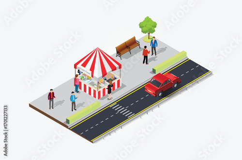Street food cafe on the sidewalk. Vector Isometric Illustration Suitable for Diagrams, Infographics, And Other Graphic assets