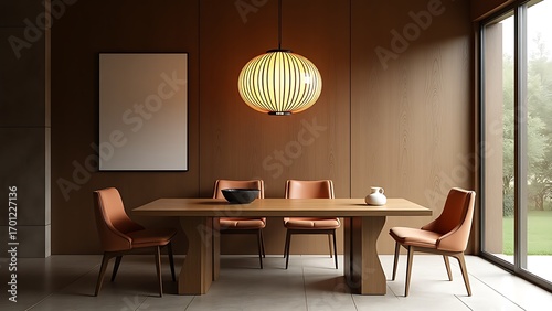 Elegant interior of a contemporary dining area featuring natural wood furniture, a glowing pendant lamp, and a blank wall frame for mockup