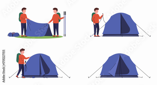 Step-by-step process of a male hiker setting up a blue camping tent, ideal for outdoor adventures and nature exploration.