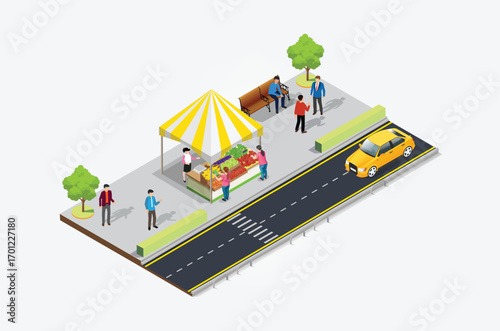Street food cafe on the sidewalk. Vector Isometric Illustration Suitable for Diagrams, Infographics, And Other Graphic assets