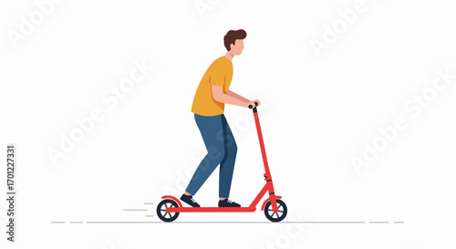 Young man riding a modern red kick scooter, demonstrating eco-friendly urban transportation and active lifestyle on a clean white background.