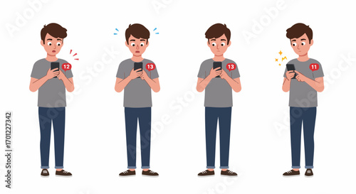A young man's changing emotions while checking smartphone notifications, illustrating surprise, stress, sadness, and engagement with digital communication on his mobile.