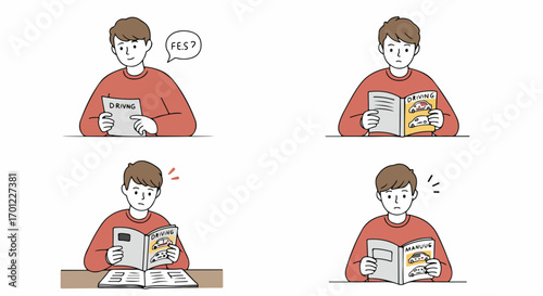 Young man experiences confusion and frustration while studying a driving manual, illustrating the challenges of learning to drive and understanding complex instructions.