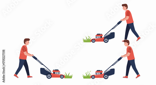 Man Mowing Lawn with Lawnmower in Flat Vector Style for Gardening and Yard Work Illustration