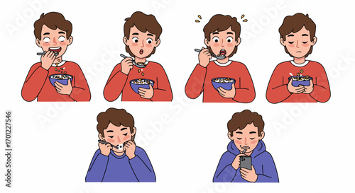 Young Man's Daily Routines and Emotions: Eating, Personal Care, and Smartphone Use Cartoon Set