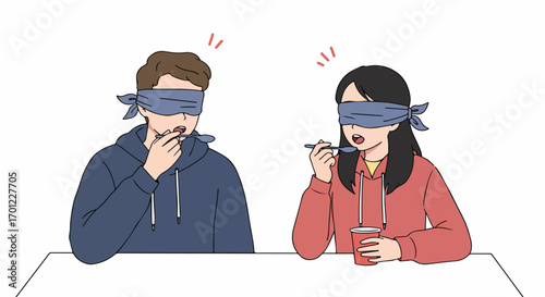 A young man and woman are blindfolded, engaging in a playful taste test challenge with spoons and a cup, experiencing new flavors with surprise and curiosity.