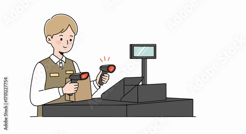 Friendly cartoon cashier scanning a product at a retail checkout counter with a barcode scanner, representing modern shopping and customer service.