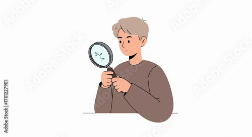 Person with Magnifying Glass Examining a Small Plant Sprout, Symbolizing Growth, Research, and Environmental Observation