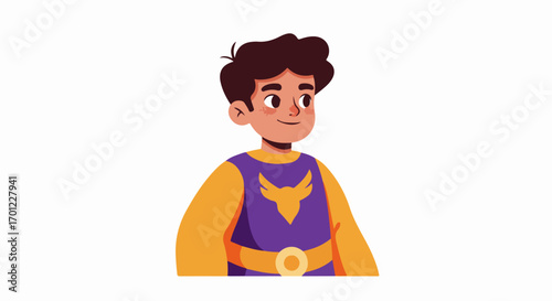 Happy cartoon boy in superhero costume with a golden emblem, embodying childhood innocence and playful adventure on a white background.