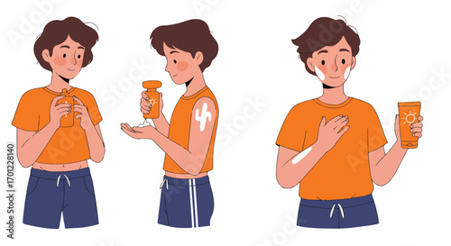 Step-by-step illustration of a young person applying sunscreen for essential UV protection, promoting healthy skin and summer safety.