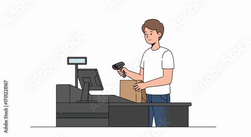 Young man scanning a package at a store checkout counter with a barcode reader and POS system in a minimalist illustration.
