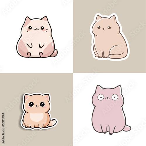 Four charming cartoon cats are displayed in light shades, showcasing different poses and expressions that capture their playful nature.